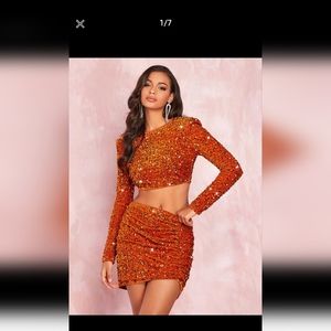 SHEIN BAE Shoulder Pad Sequin Crop Top & Ruched Bodycon Skirt Set